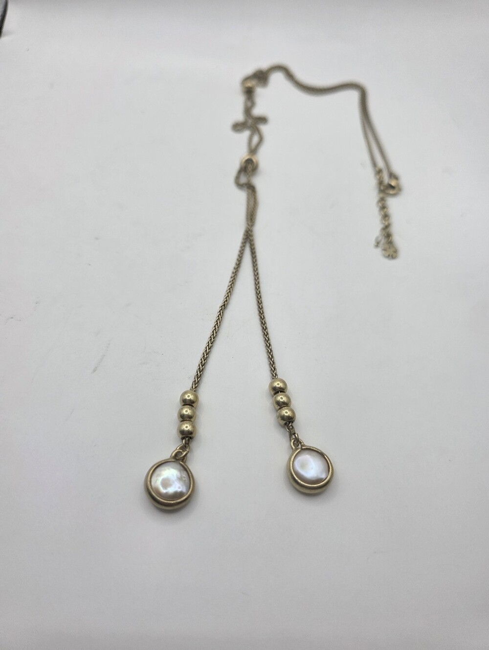 Lucky Brand Gold Tone Lariat Y-Necklace Faux Pearl Drop Charm Adjustable